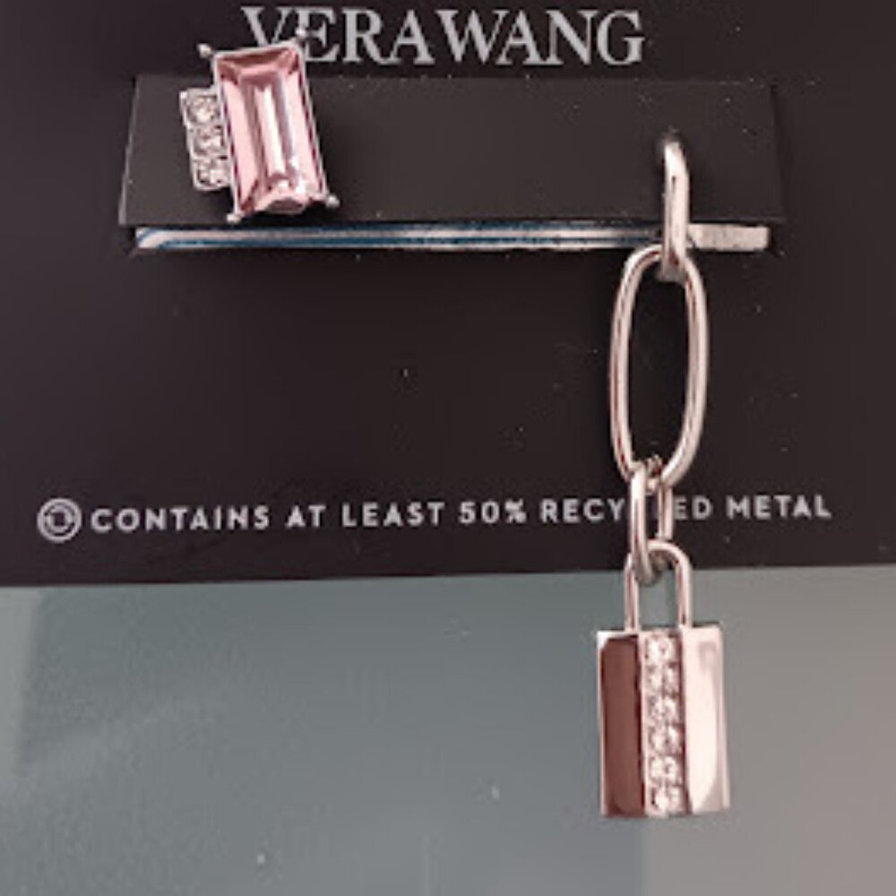 VERA WANG Rocker Chic Silver Chain Pink/Clear Crystal Mismatch Drop Earrings~NEW - Picture 1 of 2